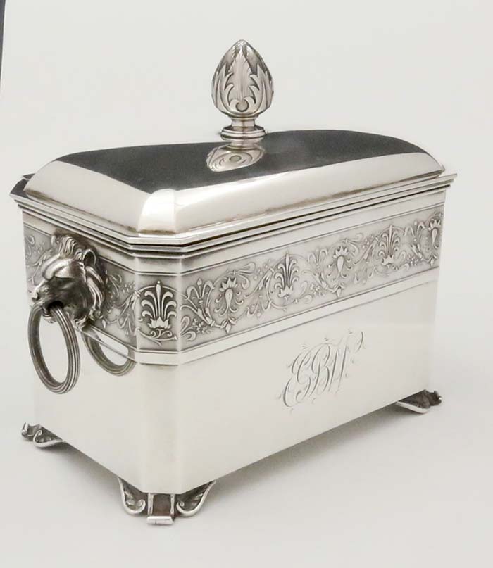 Starr & Marcus retailed John Wendt double tea caddy with lion handles